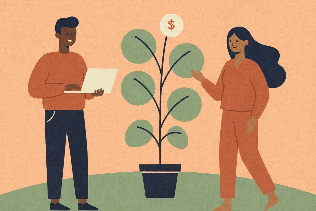 Illustration of a man holding a laptop and a woman beside a tall potted plant with a round coin blossom.
