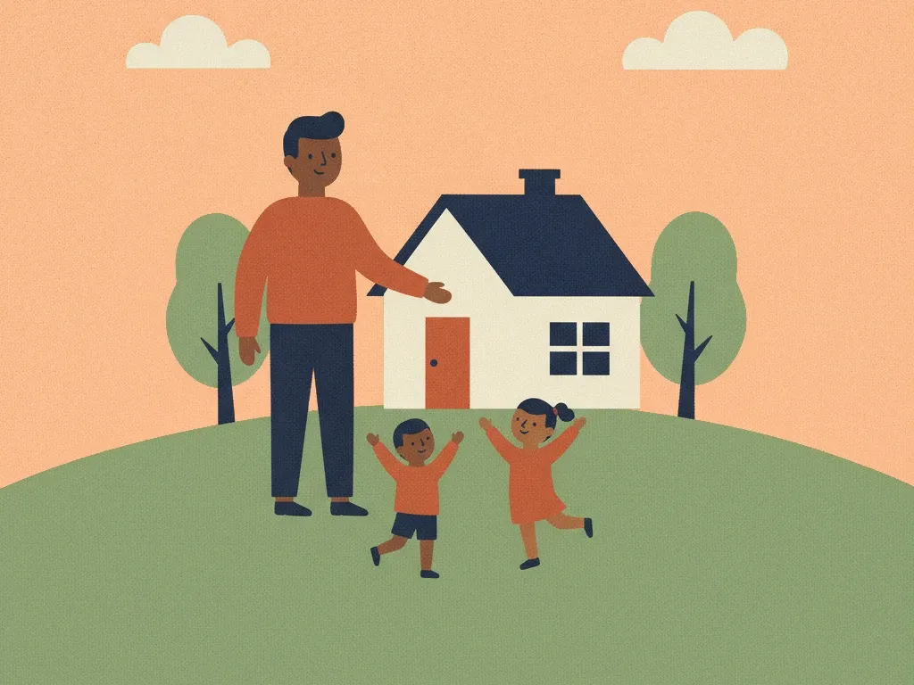Illustration of a father standing beside a small house while two children raise their arms on the hill.